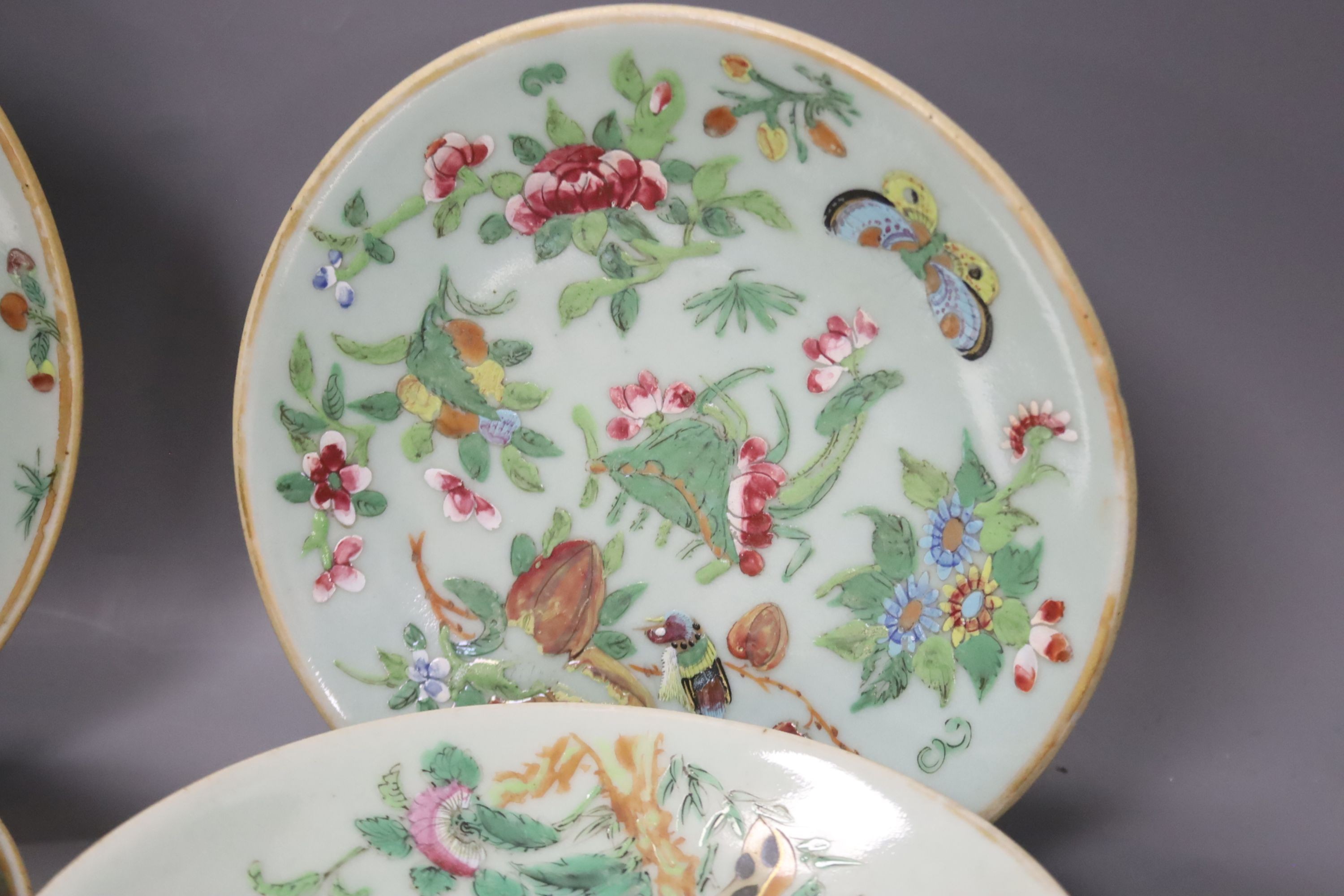 Eleven Chinese celadon ground famille rose plates, mid 19th century 22cm